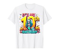 Kids It's My 10th Birthday Girl Halloween Mermaid Skeleton Maglietta