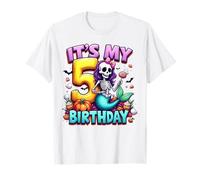 Kids It's My 5th Birthday Girl Halloween Mermaid Skeleton Maglietta