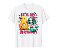 Kids It's My 8th Birthday Girl Halloween Mermaid Skeleton Maglietta