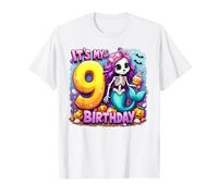 Kids It's My 9th Birthday Girl Halloween Mermaid Skeleton Maglietta