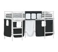 Kids Loft Bed Frame with Black Curtains White and Black, Metal High Sleeper with Fitted Headboard and Slat Support, Space-Saving Play and Sleep Solution for Children, 75x190cm Mattress Size