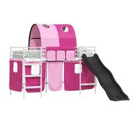 Kids Loft Bed Frame with Slide and Black Curtains White Pink 100x190 cm Metal House Style Castle House Bed for Children with Arch Design, Space-Saving, Breathable Net Canopy, Steel, 194x105x116 cm