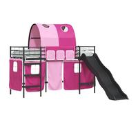Kids Loft Bed Frame with Slide and Curtains Black Pink 90x190cm Single Short Metal Platform with Arched Headboard Space-Saving Fun Play Area for Adventurous Children Sturdy Steel Safety Design