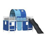 Kids Loft Bed Frame with Slide and Curtains, White Blue Metal House Bunk for Children, Space-Saving Twin Size Bed for Bedroom Playroom, 107 x 203 cm Mattress Compatible, Heavy Duty Steel Frame