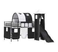 Kids Loft Bed Frame with Slide and Tent, Black Metal High Sleeper Bed with Curtains Tower and Arch, Multi-Functional Play Space for Children, 107 x 200 cm Mattress Size, Bedroom Furniture