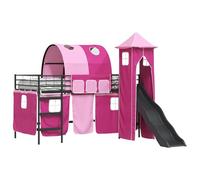 Kids Loft Bed Frame with Slide Tent Tower Black and Pink 107x200cm, Multi-Functional Playful Bed for Boys Girls Toddlers, Metal Bunk House with Curtains for Bedroom Durable Structure for Children