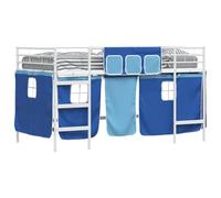 Kids Loft Bed with Black Curtains Twin Size High Sleeper Metal Frame for Play and Reading Space, White and Blue Finish with Wall-Mounted Headboard, Sturdy Slat Support, Easy Fits 100x200cm Mattress