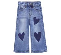 KIDSCOOL SPACE Jeans Bambina,Pantaloni DenimOrlo Svasato a Gamba Larga Stampati Cuore,Profondo Blu,3-4 Anni