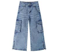KIDSCOOL SPACE Jeans Cargo Grandi da Ragazza con Tasca con Patta, Gamba Larga e Pantaloni Boyfriend in Denim con Orlo Diviso,Azzurro,14