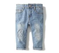 KIDSCOOL SPACE Jeans per Neonato da Bambina, Fascia Elastica con Anello a D all'Interno di Pantaloni di Jeans Strappati,Azzurro,5-6 Anni