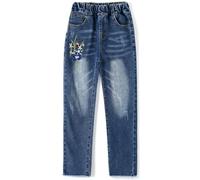 KIDSCOOL SPACE Pantaloni Jeans Ricamati da Bambina,Pantaloni con Fondo in Denim Elasticizzato in Vita da Bambina,Blu,10-11 Anni