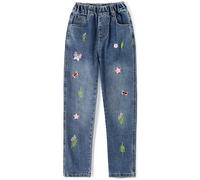 KIDSCOOL SPACE Pantaloni Jeans Slim con Farfalle Ricamate da Bambine Grandi,Farfalla Rossa,11-12 Anni