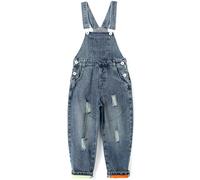 KIDSCOOL SPACE Salopette carina per ragazzo e ragazza, tuta in denim lavato alla moda, blu, 8-9 anni