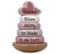 Kidslino Torre impilabile rosa - Personalizzabile per nascita & battesimo - Giocattolo in legno - Regali personalizzati Baby - Etichetta - Gioco impilabile con nome e data