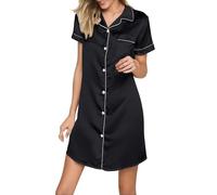 Kiduoua Camicia da notte in raso da donna, sexy, lunga, estiva, con scollo a bavero e maniche corte, leggera e morbida, per la notte e la sposa e la donna con bottoni, nero, M