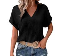 Kiduoua Camicia di Cotone E Lino Donna Camicia Maniche Corte con Bottoni Tunica da Lavoro Casual Tinta Unita Blusa Shirt Magliette Leggero Maglia con Bottone E Traspirante Classico Maglietta