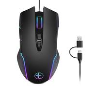 KieTeiiK Corded Mouse Support Backlit Computer Jiggler 7200DPI Adjustment USB C USB A 2 Port For PC Laptop Tablets Ergonomic Opticaled Gaming Mouse Color Lighting