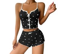 KieTeiiK Pigiama senza maniche Estati Lounge Set Cuore Stampato Nighty Loungewear Soft Canotte Top e Pantaloncini Indumenti da notte Indumenti da notte a coste Loungewear Sleepwear, Nero Bianco Love