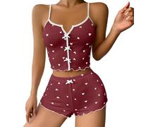 KieTeiiK Pigiama senza maniche Estati Lounge Set Cuore Stampato Nighty Loungewear Soft Canotte Top e Pantaloncini Indumenti da notte Indumenti da notte a coste Loungewear Sleepwear, Vino rosso bianco