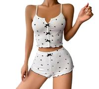 KieTeiiK Pigiama senza maniche Estati Lounge Set Cuore Stampato Nighty Loungewear Soft Canotte Top e Pantaloncini Indumenti da notte Indumenti da notte a coste Loungewear Sleepwear, Bianco Nero Amore