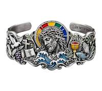 KIEYIQE Bracciale a polsino artigianale con Gesù e simboli sacri, bracciale religioso con Gesù e croce, bracciale cristiano con Gesù e oggetti sacri, bracciale regolabile (1pc)