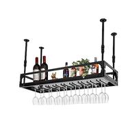 KigerNee Scaffale da soffitto per bicchieri da vino, stile industriale, 100 x 35 cm, altezza regolabile 35 - 55 cm, portata 50 kg, con 9 supporti in vetro e barra di protezione, metallo nero per bar