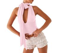 KIGRAD Donne Y2k Sexy Scollo A V Profondo Crop Halter Top con Sciarpa Lunga Coquette Self Bow Tie Up Open Back Tank Cami, Rosa, S