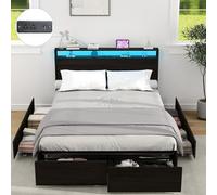 Kiivakii Struttura letto full size con testiera, letto a piattaforma LED con 6 cassetti, stazione di ricarica integrata, senza rumore, base di supporto in metallo, senza bisogno di molle, nero