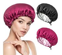 Kiiwah 2pcs Cappello da Notte Raso, Cuffia Seta Capelli Ricci Cuffia da Bagno Cuffia Doccia Donna Doppio Strato Cuffia Capelli Notte per la Doccia, Il Sonno, Il Trucco(Nero+Rosso Vino)