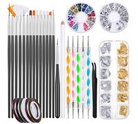 Kiiwah 31 Pezzi Kit per Nail Art, 15 Pennelli per Unghie, 5 Penne Punteggiate, 2 Catole Strass, 6 Nastri per Unghie Adesivi e Fiocchi di Lamina Oro & Argento con Pinzette per Decorazioni Unghie