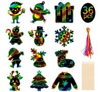 Kiiwah Set Natale Scratch Art Bambini, 36pcs Graffiti Colorati con Corda e Penna di Legno per Decorazioni Albero di Natale, Bambini Regalo