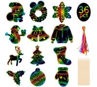 Kiiwah Set Natale Scratch Art Bambini, 36pcs Graffiti Colorati con Corda e Penna di Legno per Decorazioni Albero di Natale, Bambini Regalo