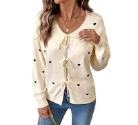 KIJSKKOPO Cárdigan De Punto Abierto Y Corto para Mujer, Color Beige, Manga Larga, Escote En V, Cordones Delanteros, Corazón, Chaqueta De Transición De Punto Cable, Otoño, Abrigo Cálido Ajustado