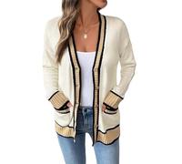 KIJSKKOPO Cárdigan De Punto Corto De Otoño para Mujer, Chaqueta De Suéter De Punto De Rayas En Contraste con Botones Y Cuello En V De Manga Larga Beige, Abrigo De Transición Cálido Y Ajustado I