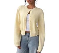 KIJSKKOPO Cárdigan De Punto Corto para Mujer, Amarillo Liso, Manga Larga, Cuello Redondo, Botones, Chaqueta De Transición De Punto Trenzado, Otoño, Abrigo Cálido Informal Ajustado, Prendas De Pu
