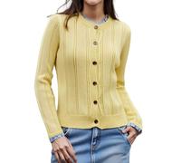 KIJSKKOPO Cárdigan De Punto Corto para Mujer, Amarillo, Manga Larga, Cuello Redondo, Volantes, Patchwork, Botones, Punto Cable, Chaqueta De Transición, Otoño, Elegante, Informal, Ajustado, Abrigo