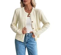 KIJSKKOPO Cárdigan De Punto Corto para Mujer, Beige, Manga Larga, Cuello Redondo, Botones, Chaqueta De Suéter De Punto A Cuadros, Otoño, Informal, Ajustado, Abrigo De Transición Cálido, Prendas