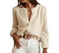 KIJSKKOPO Cárdigan De Punto Corto para Mujer, Beige, Manga Larga, Cuello Redondo, Botones, Rayas Huecas, Chaqueta De Transición De Punto Cable, Otoño, Abrigo De Transición Cálido Y Ajustado Inf