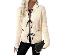 KIJSKKOPO Cárdigan De Punto Corto para Mujer, Beige, Manga Larga, Solapa, Frente Abierto, Lazos Delanteros, Chaqueta De Suéter De Punto Cable, Otoño, Abrigo De Transición Cálido Delgado Informa
