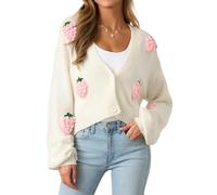 KIJSKKOPO Cárdigan De Punto Corto para Mujer, Blanco, Manga Larga, Cuello En V, Botones, Fresa, Chaqueta De Transición De Punto De Crochet, Otoño, Abrigo De Transición Cálido Y Ajustado, Tops D