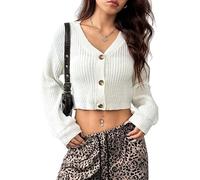 KIJSKKOPO Cárdigan De Punto Corto para Mujer, Blanco, Manga Larga, Cuello En V, Botones, Punto De Cable, Chaqueta De Transición, Otoño, Informal, Ajustado, Abrigo Cálido, Prendas De Punto, Tops M