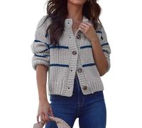 KIJSKKOPO Cárdigan De Punto Corto para Mujer, Gris Azul, Punto De Cable A Rayas, Cuello Redondo, Botones, Chaqueta De Transición, Otoño Invierno, Abrigo Informal Ajustado, Prendas De Punto, Tops S