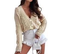 KIJSKKOPO Cárdigan De Punto De Crochet para Mujer, Beige, Manga Larga, Cuello En V, Botones, Chaqueta Corta De Punto con Cable Hueco, Abrigo De Transición Cálido Informal para Otoño E Invierno,