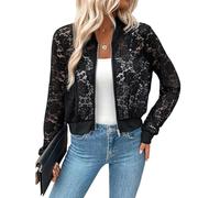 KIJSKKOPO Cardigan Donna Elegante,Giacca Bomber in Pizzo da Donna, Nera Manica Lunga Trasparente con Cerniera in Pizzo con Fiore di Rosa Giacca Corta Estate vestibilità Aderente Top Leggeri Cappott