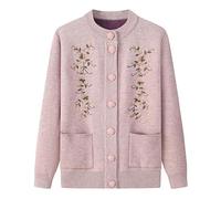 KIJSKKOPO Cardigan Donna,Maglioni Cardigan Lavorati A Maglia Foderati in Pile per Mezza età E Anziani, Giacca in Maglia con Ricamo A Foglia con Bottoni A Scollo Tondo Color Cammello con Tasca