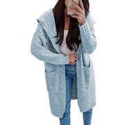 KIJSKKOPO Cárdigan Largo De Punto con Capucha para Mujer, Azul, Manga Larga, Frente Abierto, con Cuadros De Diamantes, Tejido De Crochet, Chaqueta De Transición, Otoño Invierno, Abrigo Informal,
