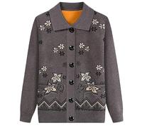KIJSKKOPO Cardigan Lavorato A Maglia Sottile Foderato in Pile per Donne di Mezza età E Anziane, Giacca in Maglia Jacquard Floreale con Risvolto A Maniche Lunghe E Tasca, Cappotto Caldo da Vecchia S