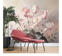 KIJSKKOPO Murale da Parete In Seta con Ciclamini Ad Acquerello, Grande Stampa Artistica Floreale Rosa E Bianca, Sfondo Decorativo per Soggiorno, Camera da Letto, Interni Casa, Carta Parati Botanica