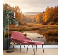 KIJSKKOPO Murale da Parete In Seta con Motivo Palude, 105X150 cm, Stampa con Alba Autunnale E Palude, Paesaggio Naturale con Riflessi Sull'Acqua E Bosco Di Betulle Dorate, Sfondo Decorativo per Sogg