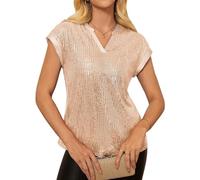 KIJSKKOPO Top con Scollo V E Paillettes Scintillanti per Donna, Camicette con Maniche Corte Glitterate, Camicia Estiva Casual per Feste, Cocktail, Serate Fuori, Lavoro, Tutti I Giorni, Champagne XL
